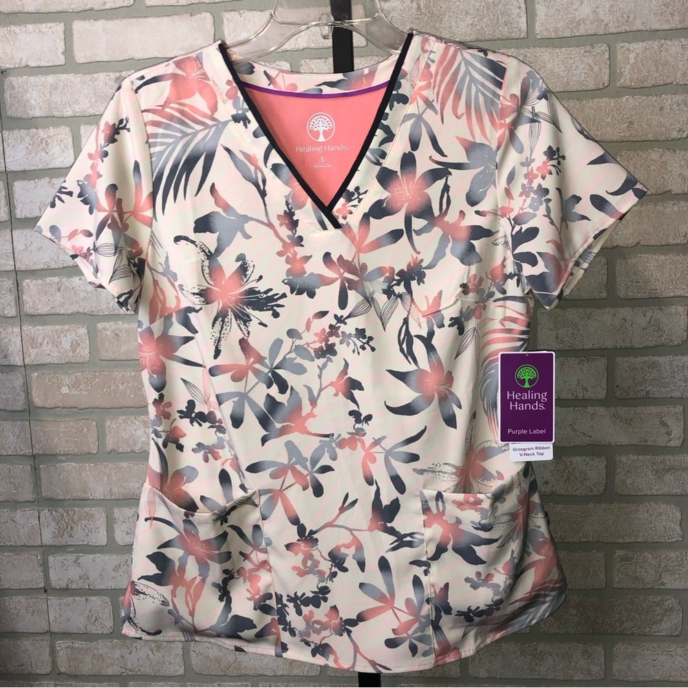 Healing Hands Purple Label Grosgrain ribbon V-neck Tropical Pattern Scrub Top
